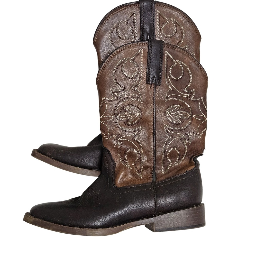 Roper Cowboy Boots Kids Size 2 Brown Faux Leather Square Toe‎ Western Stitching